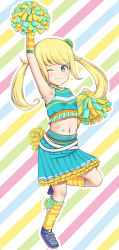 Rule 34 | 1girl, armpits, bare shoulders, blonde hair, blue eyes, blush, breasts, cheerleader, crop top, female focus, full body, highres, kiratto pri chan, long hair, looking at viewer, midriff, moegi emo, navel, pink skirt, pleated skirt, pom pom (cheerleading), pretty series, shoes, skirt, small breasts, solo, standing, star (symbol), striped clothes, striped thighhighs, thighhighs, twintails, zettai ryouiki, zyarame