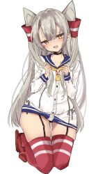 Rule 34 | 1girl, amatsukaze (kancolle), black dress, blue sailor collar, blush, breasts, chigasaki yukari, commentary request, dress, garter straps, grey hair, hair between eyes, hair tubes, highres, kantai collection, kneeling, lifebuoy ornament, long hair, long sleeves, looking at viewer, neckerchief, open mouth, orange eyes, rudder footwear, sailor collar, sailor dress, simple background, small breasts, smile, solo, striped clothes, striped thighhighs, thighhighs, two side up, very long hair, white background, yellow neckerchief