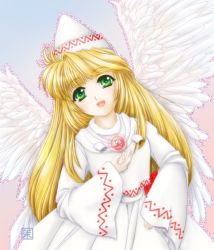 Rule 34 | 1girl, :d, angel wings, blonde hair, brooch, dress, female focus, floradanika, gem, green eyes, jewelry, lily white, long hair, long sleeves, looking at viewer, open mouth, scarf, smile, solo, touhou, very long hair, white dress, wide sleeves, wings
