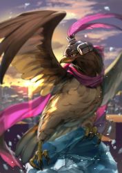 Rule 34 | 1other, bird, blue eyes, blue sky, blurry, blurry background, cityscape, closed mouth, cloud, cloudy sky, eagle, egypt, feather hair ornament, feathers, hair ornament, ice, jojo no kimyou na bouken, no humans, pet shop, pink scarf, scarf, sky, solo, stardust crusaders, sunset, zouhyou (at4190)