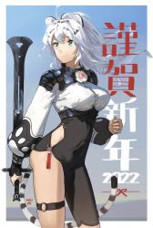 Rule 34 | 1girl, 2022, ahoge, animal ears, armor, artist logo, artist name, black bodysuit, blurry, blurry background, bodysuit, breasts, cameltoe, chinese zodiac, closed mouth, feet out of frame, floating hair, green eyes, groin, had (had314), happy new year, highres, holding, holding sword, holding weapon, long hair, long sleeves, looking to the side, medium breasts, new year, original, puffy long sleeves, puffy sleeves, shirt, shoulder armor, sleeves past wrists, smile, solo, standing, sword, tail, thigh strap, tiger ears, tiger girl, tiger tail, weapon, white hair, white shirt, year of the tiger