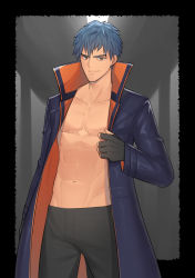 Rule 34 | 1boy, abs, absurdres, bara, black gloves, black pants, blue hair, brown eyes, coat, fate/grand order, fate (series), fingerless gloves, gloves, highres, hunterkay, looking at viewer, male focus, mature male, muscular, muscular male, navel, open clothes, open coat, pants, pectoral cleavage, pectorals, saitou hajime, smile, solo