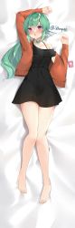 Rule 34 | 1girl, animal ears, bare legs, barefoot, black dress, blush, bra strap, controller, dakimakura (medium), dress, finana ryugu, fins, fish girl, green hair, head fins, highres, jacket, looking at viewer, lying, nijisanji, nijisanji en, off-shoulder dress, off shoulder, on back, on bed, orange jacket, parted lips, purple eyes, pussy juice, remote control, remote control vibrator, scales, second-party source, sex toy, short dress, solo, tamatabe, vibrator, vibrator under clothes, virtual youtuber, wireless sex toy controller
