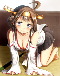 Rule 34 | 10s, 1girl, ahoge, all fours, barefoot, black skirt, blush, breasts, brown hair, cleavage, collarbone, detached sleeves, downblouse, frills, hanging breasts, head tilt, headgear, highres, indoors, kantai collection, kongou (kancolle), large breasts, long sleeves, looking at viewer, maku ro, nontraditional miko, pleated skirt, purple eyes, skirt, smile, solo, wide sleeves