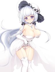 Rule 34 | 1girl, areola slip, arm at side, azur lane, bare shoulders, blue eyes, blunt bangs, blush, bow, bow panties, breast hold, breasts, c-rabbit, cleavage, closed mouth, clothes lift, collarbone, cowboy shot, crossed legs, detached collar, dress, dress lift, elbow gloves, garter belt, garter straps, gloves, gluteal fold, hair ribbon, hat, heart, highres, illustrious (azur lane), large breasts, leaning forward, lifting own clothes, long hair, looking at viewer, mole, mole under eye, nipple slip, nipples, no bra, panties, ribbon, short dress, sidelocks, smile, solo, standing, strapless, thigh gap, thighhighs, tress ribbon, twintails, underwear, veil, white background, white dress, white gloves, white hair, white hat, white neckwear, white panties, white thighhighs