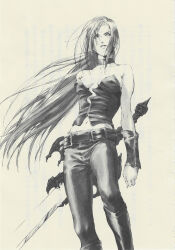 Rule 34 | 1girl, absurdres, alastor (sword), bare shoulders, belt, black bustier, black choker, black footwear, black pants, boots, breasts, bustier, choker, collar, devil may cry (series), devil may cry 2 (novel), eyes visible through hair, highres, kosumi yuuchi, long hair, looking at viewer, medium breasts, monochrome, navel, non-web source, official art, pants, scan, solo, sword, trish (devil may cry), weapon