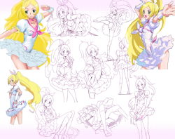 Rule 34 | 10s, 1girl, blonde hair, blush, bow, breasts, cure rhythm, dress, frown, green eyes, highres, long hair, magical girl, makacoon, medium breasts, minamino kanade, multiple views, open mouth, ponytail, precure, smile, suite precure, very long hair, wrist cuffs
