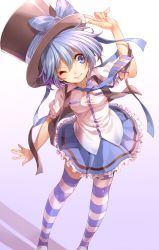 Rule 34 | 1girl, ;), blue (rbb), blue eyes, blue hair, hat, hat ribbon, highres, matching hair/eyes, necktie, one eye closed, original, rainybluebell, ribbon, rojiko, shirt, short hair, skirt, smile, solo, striped clothes, striped thighhighs, thighhighs, top hat, wink
