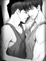 Rule 34 | 2boys, black eyes, black tank top, character request, closed mouth, dong2342, fangs, grey tank top, greyscale, highres, hug, male focus, monochrome, multiple boys, parted lips, short hair, slam dunk (series), sweatdrop, tank top, upper body, vignetting, yaoi