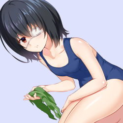 Rule 34 | 1girl, another, black hair, blue background, blue one-piece swimsuit, brown eyes, eyepatch, huyumitsu, looking at viewer, misaki mei, one-piece swimsuit, school swimsuit, short hair, sitting, solo, swimsuit
