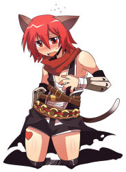 Rule 34 | 1boy, animal ears, assassin cross (ragnarok online), bandaged chest, black cape, black shorts, black socks, blush, cape, cat ears, cat tail, commentary request, crossdressing, emon-yu, fang, flying sweatdrops, full body, hair between eyes, kneehighs, kneeling, looking at viewer, male focus, misty (ragnarok online), open mouth, ragnarok online, red eyes, red hair, red scarf, scarf, short hair, shorts, simple background, socks, solo, tail, torn cape, torn clothes, trap, vambraces, waist cape, white background