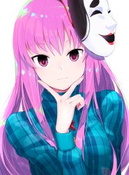 Rule 34 | 1girl, blue shirt, breasts, buttons, expressionless, hair between eyes, hand on own face, hata no kokoro, highres, long hair, long sleeves, looking at viewer, mask, mask on head, medium breasts, pink eyes, pink hair, plaid, plaid shirt, shirt, simple background, solo, touhou, upper body, usuaji, white background