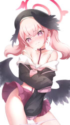 Rule 34 | 1girl, beret, black hat, black serafuku, black wings, blue archive, blush, bow, closed mouth, commentary request, embarrassed, hair bow, halo, hat, highres, koharu (blue archive), looking at viewer, low wings, medium hair, navel, off-shoulder shirt, off shoulder, panties, panty pull, pink eyes, pink hair, red halo, red skirt, rtomch, sailor collar, school uniform, serafuku, shirt, simple background, skirt, sleeves past fingers, sleeves past wrists, solo, twintails, underwear, white background, white panties, white sailor collar, wings