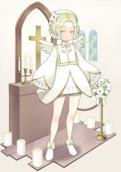 Rule 34 | 1boy, :&lt;, altar, angel wings, ankle boots, aona (noraneko), arms at sides, bell sleeves, beret, boots, bow, bowtie, candelabra, candle, candlestand, choir, christmas rose, colored eyelashes, cross, faux figurine, flower, frilled shirt, frilled sleeves, frills, full body, gold trim, green eyes, green shorts, hat, hat flower, hellebore, highres, jacket, jitome, latin cross, light green hair, long sleeves, looking at viewer, male focus, original, parted bangs, personification, sepia background, shirt, short hair, short shorts, shorts, solo, stanchion, standing, wavy hair, white bow, white bowtie, white flower, white footwear, white hat, white jacket, white shirt, white wings, window, wings, wooden floor