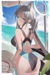 Rule 34 | 1girl, absurdres, animal ear fluff, animal ears, ass, bag, black one-piece swimsuit, blue archive, blue eyes, blue halo, blue sky, breasts, cloud, competition swimsuit, cowboy shot, cross hair ornament, day, doodle sensei (blue archive), extra ears, from behind, grey hair, hair ornament, halo, highres, looking at viewer, looking back, low ponytail, medium breasts, medium hair, mismatched pupils, multicolored clothes, multicolored swimsuit, official alternate costume, one-piece swimsuit, outdoors, sensei (blue archive), shiroko (blue archive), shiroko (swimsuit) (blue archive), sky, swimsuit, wolf ears, xiaojuan (user ezvt7287)