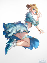 Rule 34 | 1girl, :d, artist name, ayase eli, blonde hair, blue eyes, blue footwear, blue shirt, blue skirt, bobby socks, bracelet, commentary request, frilled sleeves, frills, full body, high heels, highres, jewelry, jumping, looking back, love live!, love live! school idol festival, love live! school idol project, marshall (wahooo), midriff, open mouth, ponytail, round teeth, shirt, skirt, smile, socks, solo, teeth, upper teeth only, white socks