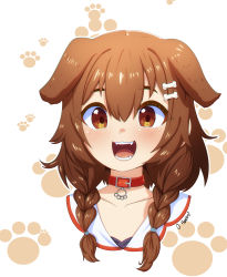 Rule 34 | 1girl, absurdres, animal ears, braid, brown eyes, brown hair, choker, collarbone, dog ears, fangs, hair ornament, highres, hololive, inugami korone, matching hair/eyes, open mouth, oppaihobby, paw print, simple background, smile, solo, teeth, twin braids, virtual youtuber, white background