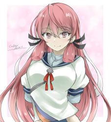 Rule 34 | 1girl, akashi (kancolle), alternate eye color, arms behind back, artist name, blunt tresses, blush, border, breasts, commentary request, dated, gakky, gradient background, hair between eyes, hair ribbon, highres, hip vent, kantai collection, large breasts, long hair, looking at viewer, one-hour drawing challenge, pink eyes, pink hair, puffy sleeves, red ribbon, ribbon, shirt, smile, solo, tress ribbon, upper body, white border, white shirt