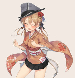 Rule 34 | 10s, 1girl, ^ ^, blonde hair, blush, closed eyes, closed eyes, hair ornament, han&#039;eri, hat, japanese clothes, kantai collection, kimono, long hair, metindone, open mouth, peaked cap, prinz eugen (kancolle), smile, solo, twintails