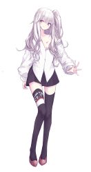 Rule 34 | 1girl, absurdres, black thighhighs, breasts, buran (kure), closed mouth, collarbone, collared shirt, commentary request, dress shirt, full body, grey hair, hair between eyes, hair censor, hair over breasts, hair over one breast, head tilt, heart, heart tattoo, highres, long hair, long sleeves, off shoulder, one side up, original, outstretched arm, red eyes, red footwear, shirt, shoes, simple background, small breasts, smile, solo, standing, tattoo, thighhighs, white background, white shirt