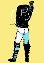 Rule 34 | 1boy, aikawa (dorohedoro), arms up, ass, back, backwards hat, bara, black footwear, black hair, black hoodie, climaxmukr, dorohedoro, from behind, full body, hat, hood, hoodie, male focus, muscular, pants, pectorals, short hair, sideburns, solo, stretching, thick thighs, thighs, tight clothes, tight pants, upper body, white pants