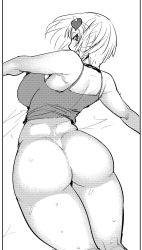 Rule 34 | 1girl, ass, bare shoulders, border, bottomless, breasts, camisole, curvy, female focus, greyscale, hair ornament, halftone, highres, large breasts, looking at viewer, looking back, monochrome, short hair, simple background, sketch, smile, solo, sweat, synecdoche, thick thighs, thighs, wide hips