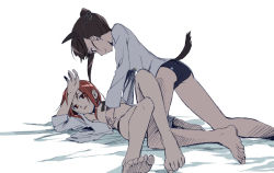 Rule 34 | 2girls, all fours, barefoot, black hair, couple, feet, girl on top, lying, minna-dietlinde wilcke, multiple girls, on back, open clothes, open shirt, ponytail, red eyes, red hair, sakamoto mio, shirt, smile, strike witches, tail, tsuta no ha, undressing, world witches series, yuri