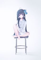 Rule 34 | 1girl, absurdres, ahoge, aoi nabi, barefoot, black hair, blue eyes, blush, butterfly hair ornament, closed mouth, collared shirt, commentary, deyui, dress shirt, english commentary, gradient background, grey background, hair ornament, hairclip, head tilt, highres, indie virtual youtuber, long hair, long sleeves, looking at viewer, shirt, sitting, solo, stool, very long hair, virtual youtuber, white background, white shirt, x hair ornament