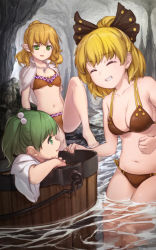 Rule 34 | 3girls, barefoot, bikini, black bow, blonde hair, bow, breasts, brown bikini, bucket, cave, cleavage, clenched hand, closed eyes, green eyes, green hair, grin, hair bobbles, hair bow, hair ornament, highres, in bucket, in container, japanese clothes, kisume, kurodani yamame, medium breasts, mikami yuuki (nl8you), mizuhashi parsee, multicolored hair, multiple girls, navel, pointy ears, ponytail, side-tie bikini bottom, sitting, smile, standing, swimsuit, teeth, touhou, two-tone hair, wading, water