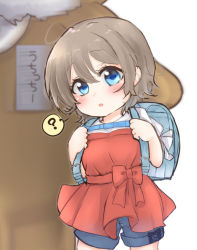 Rule 34 | 1girl, :o, ?, apron, aqua eyes, artist name, artist request, backpack, bag, blue eyes, blue pants, blue shorts, blush, breasts, brown hair, chibi, commentary request, female focus, grey hair, hair between eyes, light brown hair, looking at viewer, love live!, love live! sunshine!!, pants, parted lips, red apron, shirt, short hair, shorts, solo, translated, translation request, walrus, watanabe you, white background, white shirt