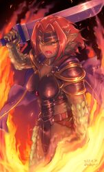 Rule 34 | 1girl, absurdres, armor, breasts, cape, cowboy shot, dragon girl, fire, granberia, highres, holding, holding sword, holding weapon, medium breasts, mon-musu quest!, monster girl, open mouth, red hair, scales, shoulder armor, solo, standing, sword, to kage p, weapon