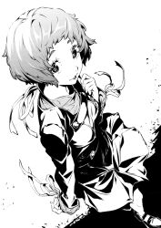 Rule 34 | 1girl, closed mouth, commentary request, debris, from above, full body, gekkoukan high school uniform, greyscale, highres, jacket, long sleeves, looking at viewer, looking up, monochrome, persona, persona 3, pleated skirt, ribbon, saeki shun, school uniform, shoes, short hair, skirt, solo, standing, yamagishi fuuka