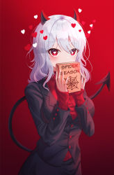 Rule 34 | 1girl, absurdres, black jacket, black skirt, blush, book, breasts, bright pupils, covering own mouth, cowboy shot, demon girl, demon horns, demon tail, english text, gradient background, heart, helltaker, highres, holding, holding book, horns, huge filesize, jacket, long hair, long sleeves, looking at viewer, medium breasts, modeus (helltaker), official style, red background, red eyes, red sweater, ryon y0421, silver hair, skirt, sleeves past wrists, solo, sweater, tail