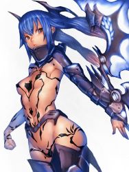 Rule 34 | 1girl, :&lt;, blue hair, breasts, brown eyes, cameltoe, covered erect nipples, fumio (rsqkr), functionally nude, hip focus, long hair, looking at viewer, phantasy star, phantasy star online 2, quna (pso2), simple background, small breasts, solo, tattoo, white background, zelsius
