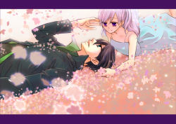 Rule 34 | bare shoulders, coat, couple, darker than black, eye contact, flower, happy, hei (darker than black), looking at another, lying, smile, trench coat, yin (darker than black)