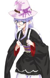 Rule 34 | 1girl, backpack, bad id, bad twitter id, bag, black-framed eyewear, black kimono, blue eyes, bow, copyright request, cowboy shot, hat, hat bow, japanese clothes, kfr, kimono, long hair, long sleeves, looking at viewer, obi, pantyhose, parted lips, pink bow, pink hat, purple hair, round eyewear, sash, simple background, solo, standing, white background, white pantyhose, wide sleeves, witch hat