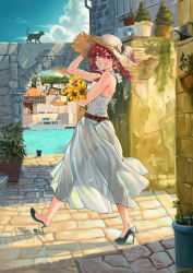 Rule 34 | 1girl, absurdres, animal, arm up, ascot, bare shoulders, belt, blue footwear, blush, boat, breasts, brick road, brick wall, brown belt, brown hat, cat, city, commentary request, day, dress, flower, from side, full body, grin, hair between eyes, halter dress, halterneck, hand on headwear, hat, heterochromia, high heels, highres, holding, hololive, houshou marine, huge filesize, long hair, looking at viewer, looking to the side, medium breasts, outdoors, plant, potted plant, red ascot, red eyes, red hair, smile, snarkhunt, solo, straw hat, sunflower, twintails, virtual youtuber, walking, water, watercraft, white dress, yellow eyes
