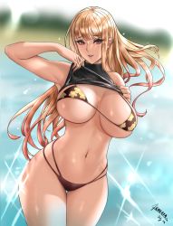 Rule 34 | 1girl, barbell piercing, bare shoulders, bikini, black bikini, black sweater, blonde hair, blurry, blurry background, bouncing breasts, breasts, breasts apart, clothes lift, cowboy shot, curvy, dated, diffraction spikes, duchessofarmeria, earrings, floating hair, floral print, gradient hair, grin, gyaru, hands up, highres, jewelry, kitagawa marin, large breasts, long hair, looking at viewer, micro bikini, multi-strapped bikini, multicolored hair, navel, outdoors, parted lips, piercing, print bikini, red eyes, red hair, ribbed sweater, side-tie bikini bottom, sidelocks, signature, skindentation, sleeveless, sleeveless sweater, smile, solo, sono bisque doll wa koi wo suru, strap gap, string bikini, sweater, sweater lift, swept bangs, swimsuit, thick eyelashes, thigh gap, turtleneck, turtleneck sweater, unaligned breasts, undressing, water, wide hips