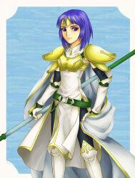 Rule 34 | 1girl, armor, blue eyes, blue hair, breastplate, cape, catalena (fire emblem), commentary request, fingerless gloves, fire emblem, fire emblem: radiant dawn, gloves, holding, holding polearm, holding weapon, knight, looking at viewer, nintendo, pauldrons, polearm, purutoppu (toranohige), short hair, shoulder armor, solo, weapon, white cape, yellow armor