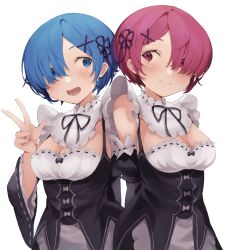 Rule 34 | 2girls, blue eyes, blue hair, breasts, cleavage, closed mouth, detached sleeves, eye contact, female focus, frilled sleeves, frills, hair ornament, hair over one eye, hair ribbon, hand up, highres, looking at another, maid, maid headdress, matching hair/eyes, medium breasts, multiple girls, open mouth, pink eyes, pink hair, ram (re:zero), re:zero kara hajimeru isekai seikatsu, rem (re:zero), ribbon, roswaal mansion maid uniform, shiro (koob173), short hair, siblings, simple background, sisters, smile, twins, v, w, white background, x hair ornament
