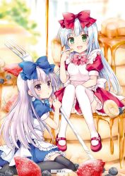 Rule 34 | 10s, 2girls, :d, airi (alice or alice), alice or alice, apron, artist name, back bow, black legwear, blue bow, blue shirt, blue skirt, bow, bowtie, floating hair, food, fork, frilled skirt, frills, green eyes, hair bow, head tilt, highres, holding, holding food, holding fork, long hair, looking at viewer, mary janes, multiple girls, open mouth, pancake, parted lips, pink bow, purple eyes, red bow, red footwear, red shirt, red skirt, rise (alice or alice), shirt, shoes, siblings, silver hair, sisters, sitting, skirt, smile, tachitsu teto, thighhighs, twins, very long hair, white apron, white bow, white legwear