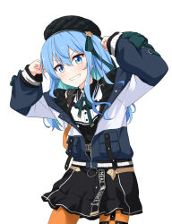 Rule 34 | 1girl, absurdres, beret, black hat, black shirt, black skirt, blue eyes, blue hair, blue jacket, blush, collared shirt, cowboy shot, dot nose, felutiahime, green ribbon, grin, hair ribbon, hands up, hat, high-waist skirt, highres, hololive, hood, hood down, hooded jacket, hoshimachi suisei, hoshimachi suisei (streetwear), jacket, long hair, long sleeves, looking at viewer, miniskirt, multicolored clothes, multicolored jacket, neck ribbon, open clothes, open jacket, open mouth, orange pantyhose, pantyhose, ribbon, shirt, sidelocks, simple background, skirt, sleeve cuffs, smile, solo, star (symbol), star in eye, symbol in eye, teeth, two-tone jacket, two-tone shirt, v-shaped eyebrows, variant set, virtual youtuber, white background