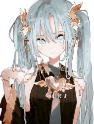 Rule 34 | 1girl, artist name, bare shoulders, black dress, blue eyes, blue hair, bracelet, chain, closed mouth, commentary, dress, gold chain, grey necktie, hair between eyes, hair ornament, hand up, hatsune miku, jewelry, light blue hair, long hair, looking at viewer, necktie, portrait, qtonagi, ribbed dress, roman numeral, simple background, solo, tattoo, twintails, vocaloid, white background, wide sleeves