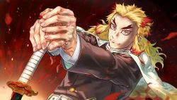 Rule 34 | 1boy, blonde hair, cape, commentary request, fingernails, fire, forked eyebrows, gradient hair, highres, holding, holding weapon, jacket, katana, kimetsu no yaiba, long hair, long sleeves, male focus, multicolored hair, red eyes, red hair, rengoku kyoujurou, solo, sword, weapon, white cape, yomoyama yotabanashi