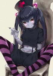 Rule 34 | 1girl, ass, baggy shorts, black hair, chair, chrome (mon-musu quest!), crop top, cross, demon girl, hat, horns, long hair, midriff, mon-musu quest!, navel, nurse cap, pantyhose, pink eyes, pink horns, puffy shorts, red cross, revision, ringed eyes, shorts, simple background, sitting, smile, solo, spread legs, striped clothes, striped pantyhose, striped thighhighs, suspenders, syringe, thighhighs, twintails, very long hair, yappen, yatsu (sasuraino)