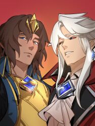 Rule 34 | 2boys, black sclera, blue eyes, brown hair, closed mouth, collared shirt, colored sclera, frown, gem, gradient background, grey shirt, hair between eyes, highres, king viego, league of legends, long hair, male focus, multiple boys, red background, red eyes, shirt, short hair, teeth, uncle and nephew, upper body, viego (league of legends), viegoletmefu, vladimir (league of legends), white hair