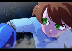 Rule 34 | 1boy, amputee, android, arm cannon, blue bodysuit, bodysuit, broken, brown hair, commentary request, green eyes, highres, letterboxed, looking to the side, male focus, mechanical parts, mega buster, mega man (character), mega man (classic), mega man (series), mega man megamix, night, night sky, no headwear, parted lips, ringed eyes, short hair, sky, solo, star (sky), starry sky, steam, takenokonoko, upper body, v-shaped eyebrows, weapon