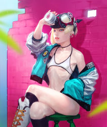 Rule 34 | 1girl, akcho, blonde hair, boots, breasts, collar, earrings, gas mask, green eyes, highres, jacket, jewelry, crossed legs, lips, mask, original, small breasts