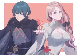 Rule 34 | 1boy, 1girl, adz lrp, armor, blonde hair, blue eyes, blue hair, bow, breasts, byleth (fire emblem), byleth (male) (fire emblem), cleavage, closed mouth, fire, fire emblem, fire emblem: three houses, fire, hair bow, long hair, low ponytail, mercedes von martritz, nintendo, short hair, simple background, smile, upper body