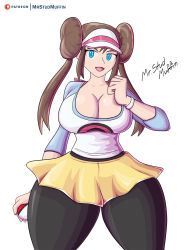 Rule 34 | 1girl, blue eyes, breasts, brown hair, cleavage, collarbone, creatures (company), curvy, game freak, hair bun, highres, huge breasts, lips, looking at viewer, mrstudmuffin, naughty face, nintendo, open mouth, pantyhose, poke ball, pokemon, pokemon bw2, rosa (pokemon), shiny clothes, shiny skin, shirt, shorts, signature, single hair bun, solo, standing, thick thighs, thighs, tongue, twintails, visor cap, white background, wide hips, wristband